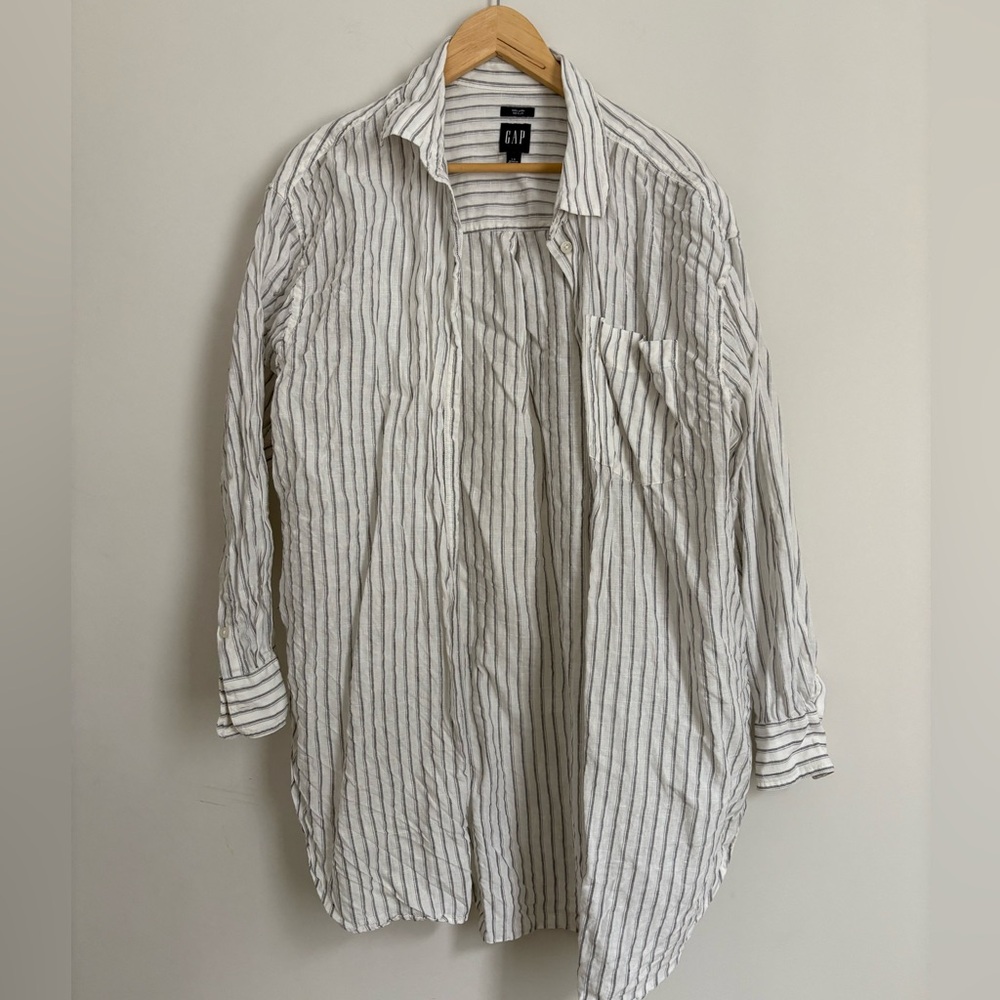 GAP Long oversized Linen Grey Stripe Weekend Shirt size Large
